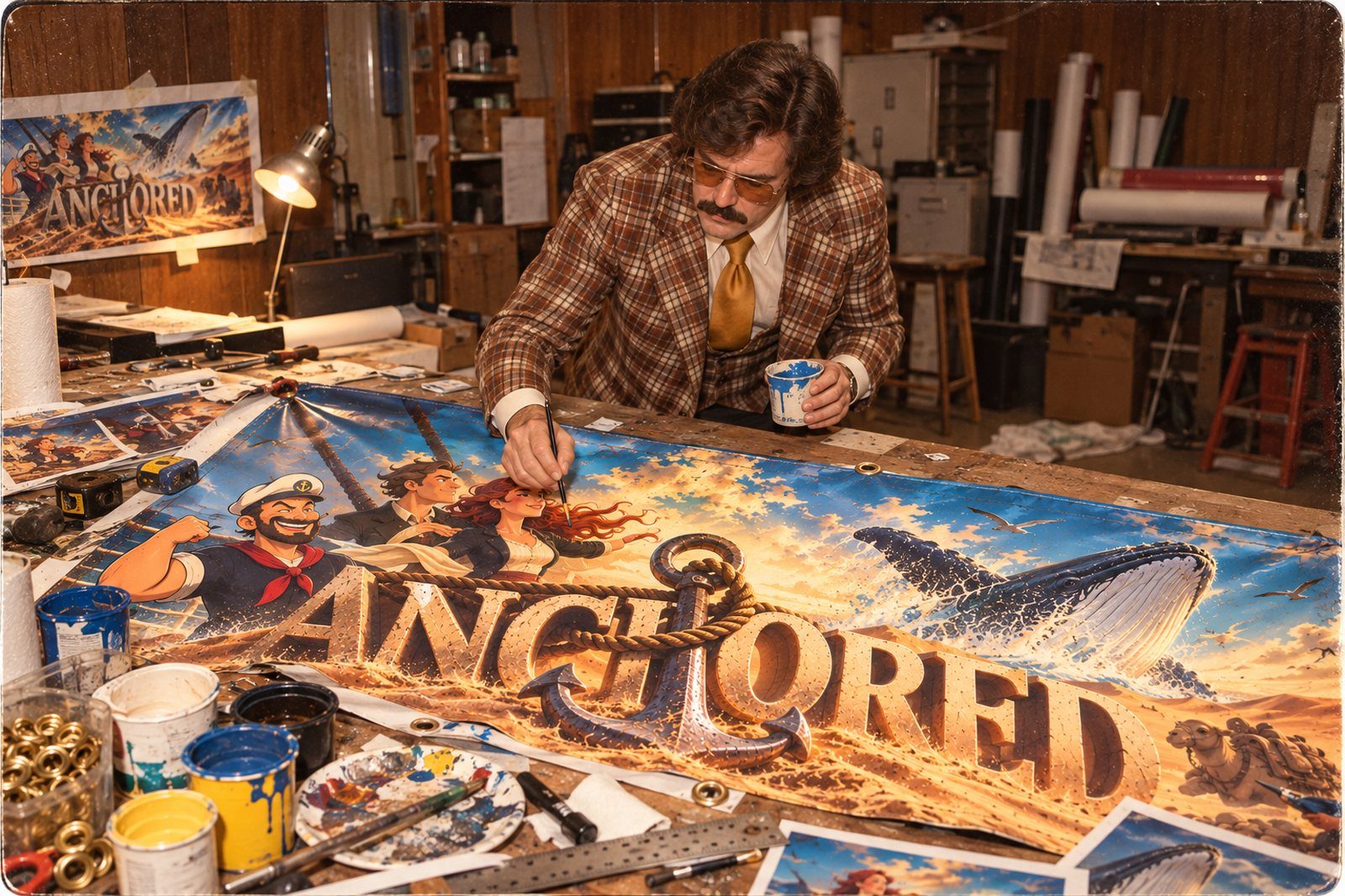 Pastor Dale leaning over the Anchored banner on a cluttered worktable, brush in hand, touching up the whale