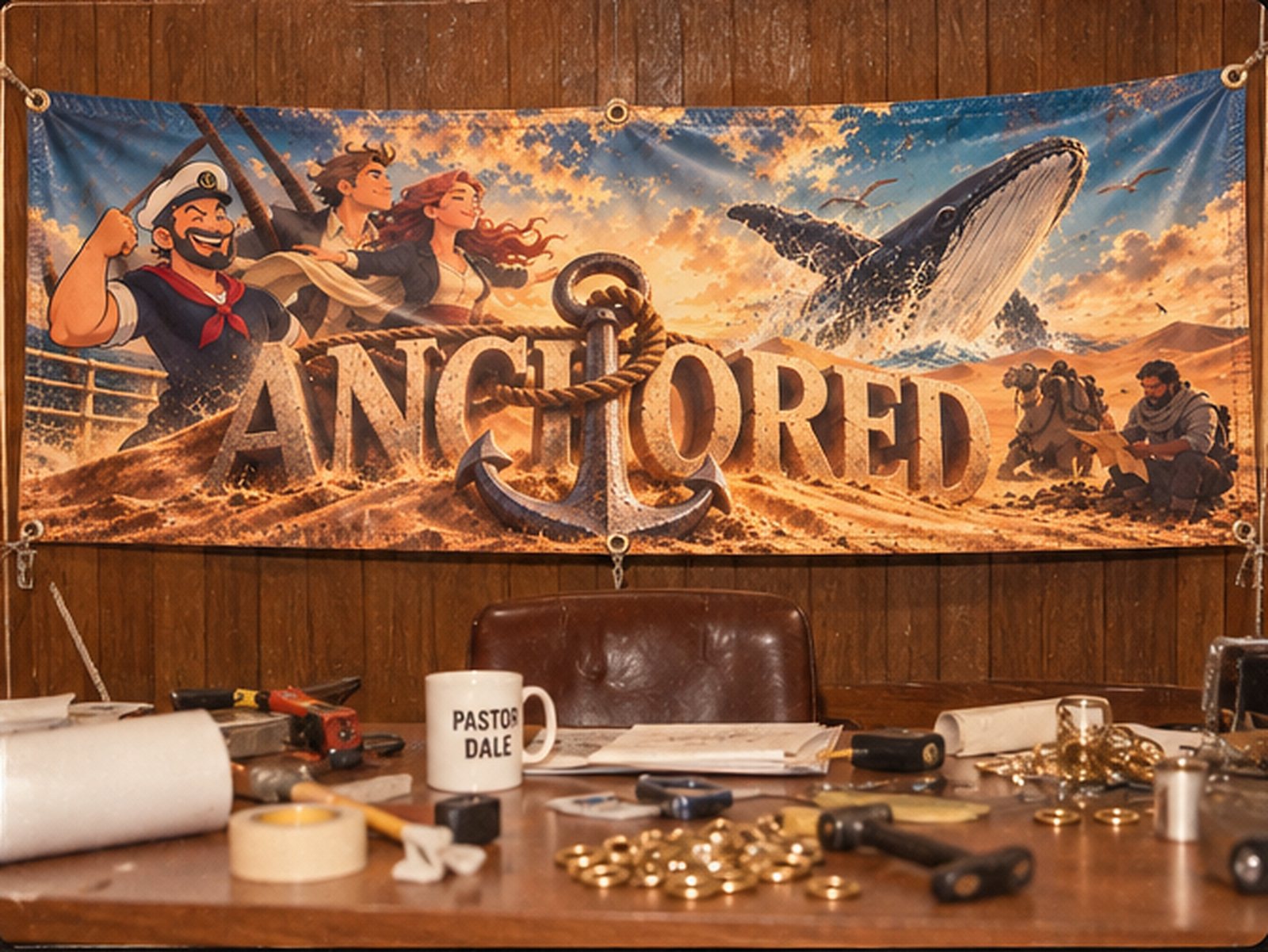 The finished Anchored banner hanging on wood paneling above a desk with a PASTOR DALE nameplate and loose grommets