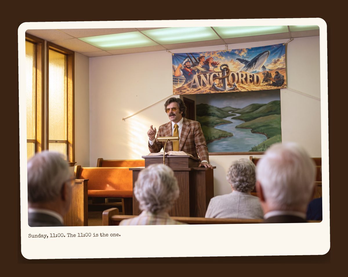 Pastor Dale preaching beneath the Anchored banner in a wood-paneled sanctuary