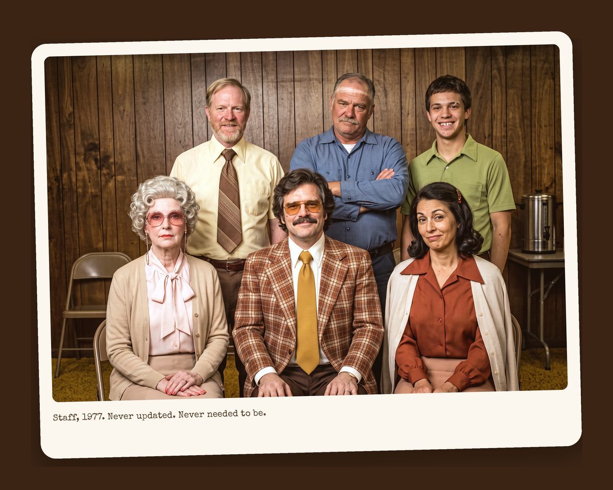 The Faux First staff in two rows against wood paneling