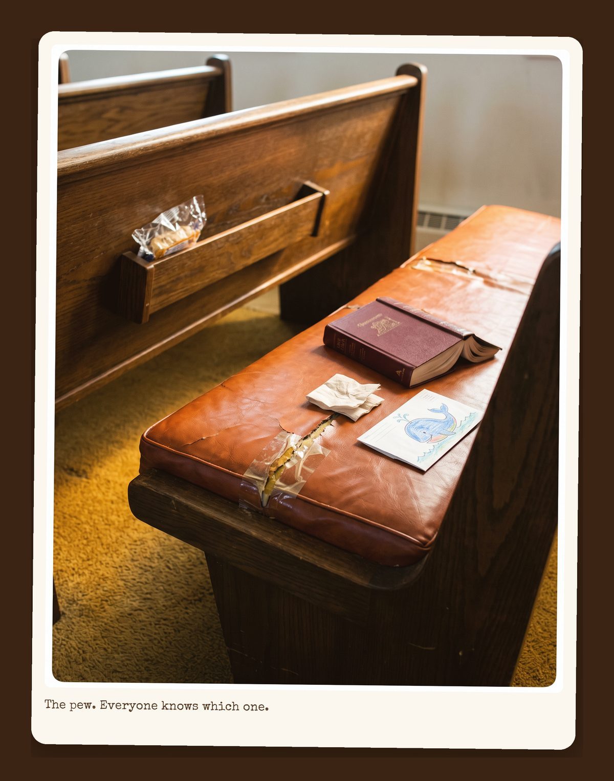 Row six, aisle side: the pew with the squeak