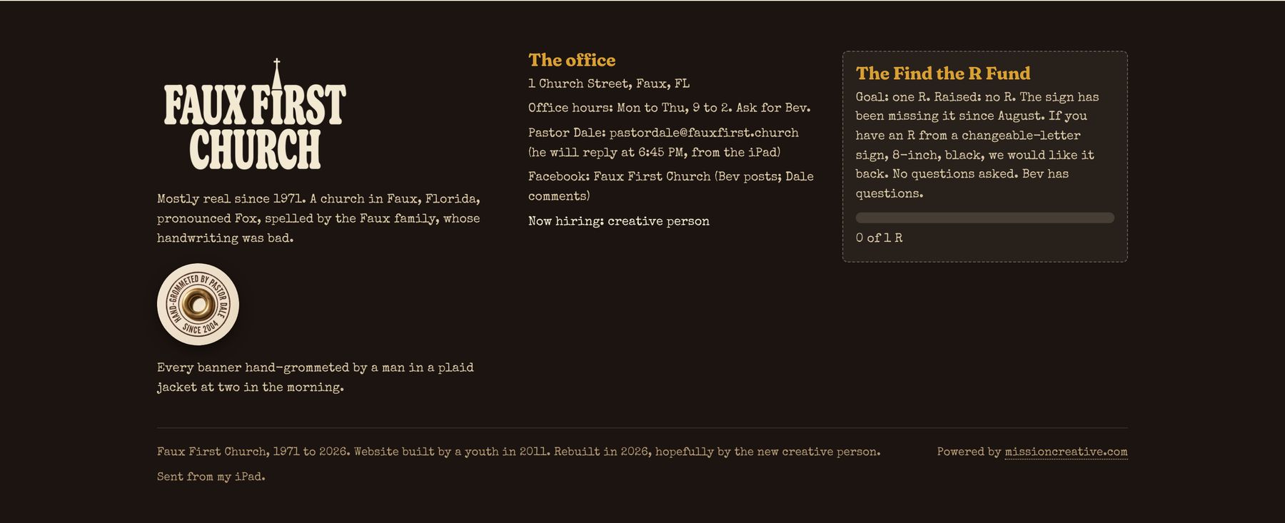 Footer with the Find the R Fund: goal one R, raised no R