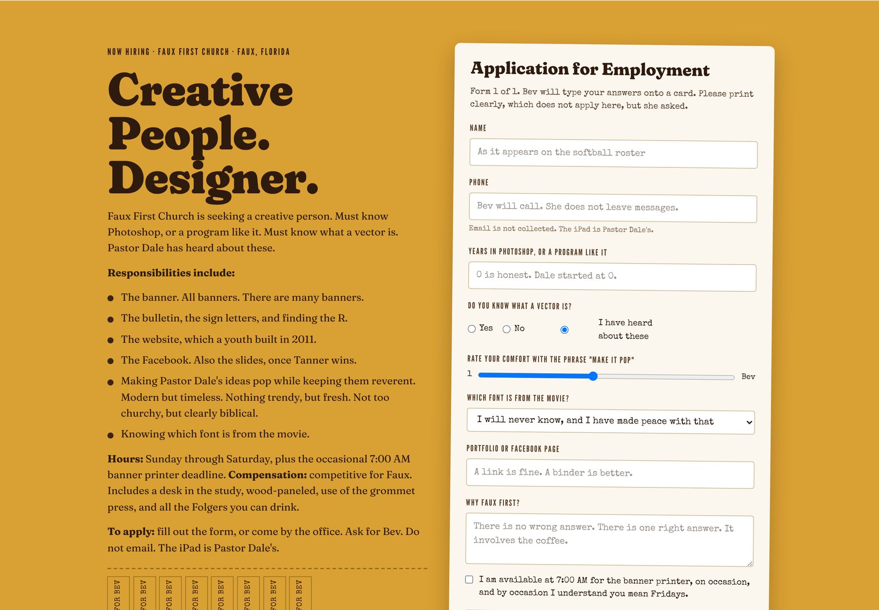 Now hiring: Creative People. Designer. With application form.