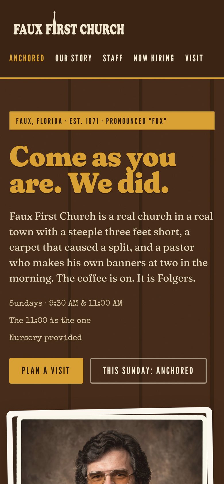 fauxfirst.church on a phone — hero