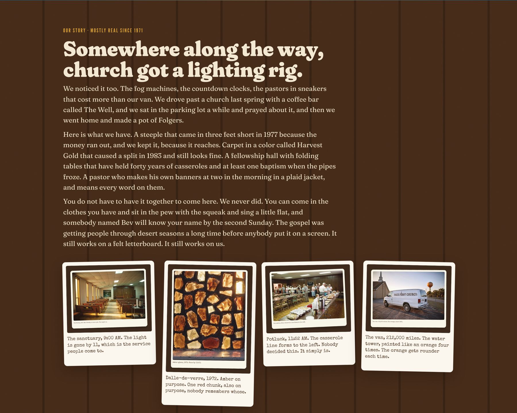 Our story section: Somewhere along the way, church got a lighting rig.