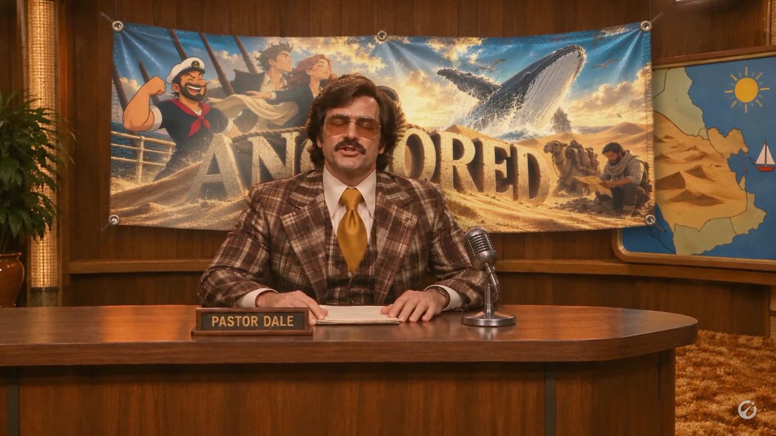 Pastor Dale at the Channel 70 anchor desk in front of the Anchored banner