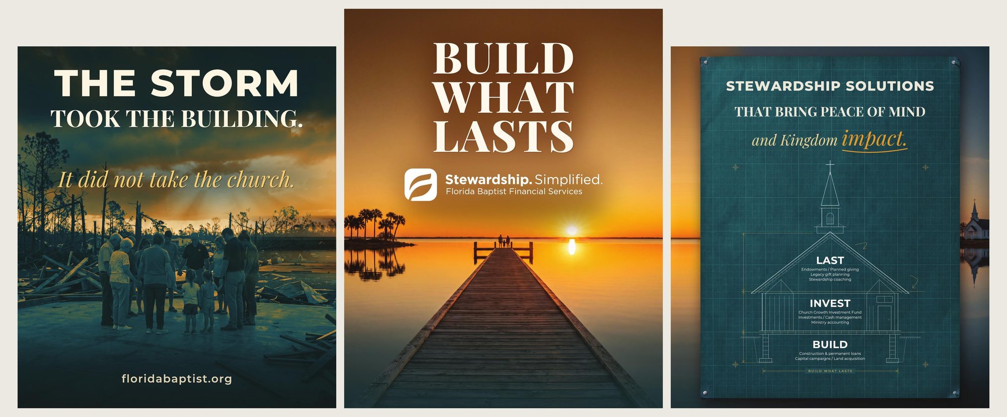 Build What Lasts convention booth: three fabric panels — The storm took the building, Build What Lasts, and Stewardship Solutions