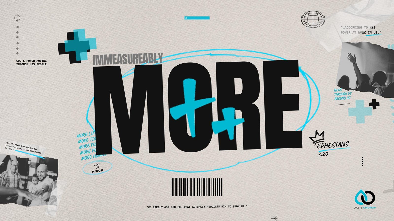Immeasurably More campaign slide: MORE with two teal plus marks over a paper-collage background