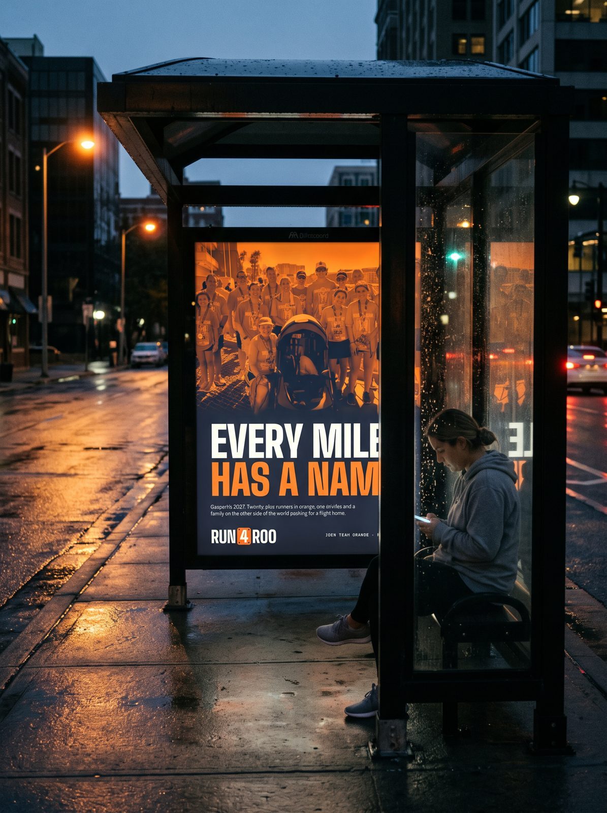 'Every mile has a name.' poster in a bus shelter at dusk
