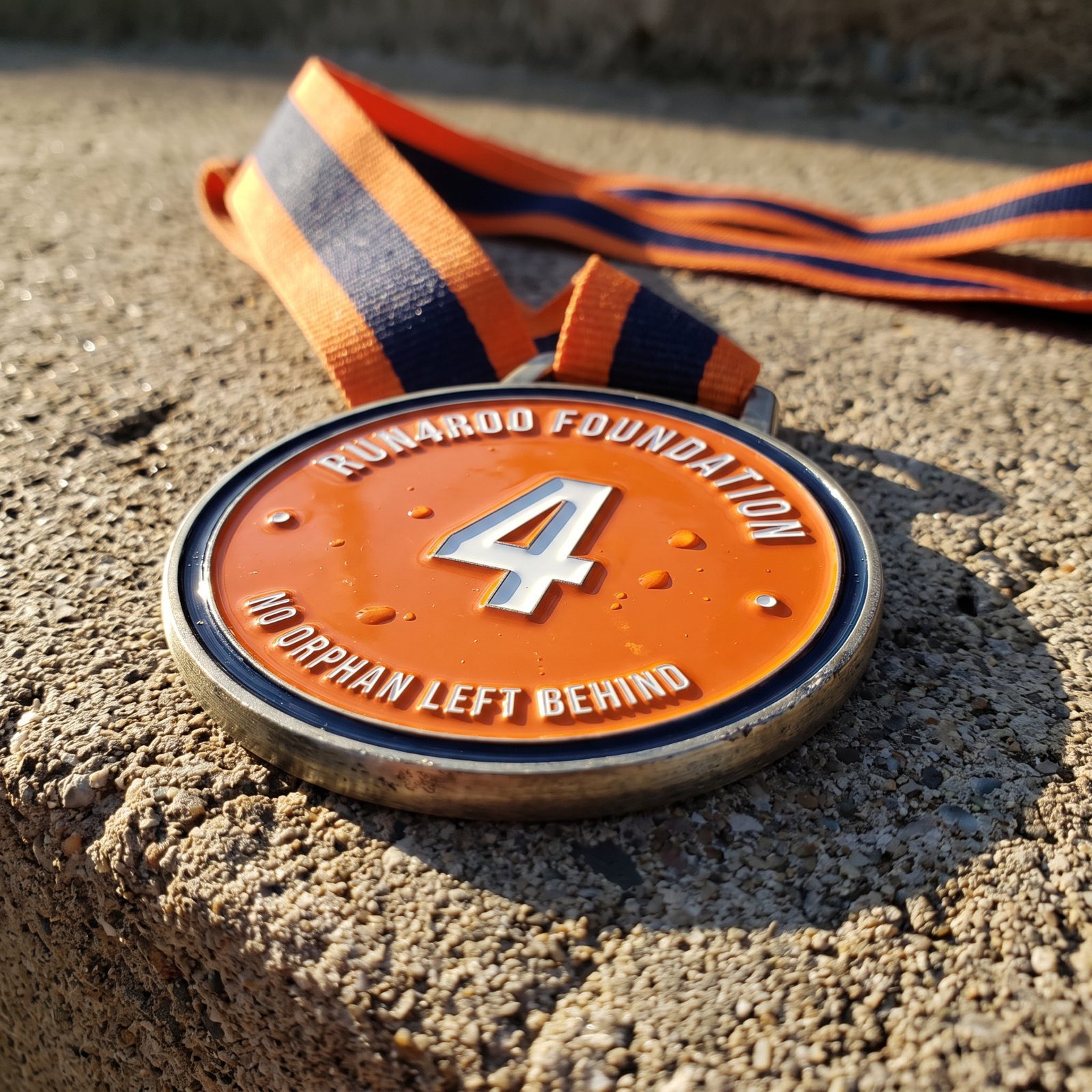 Run4Roo foundation finisher medal with the 'No Orphan Left Behind' seal