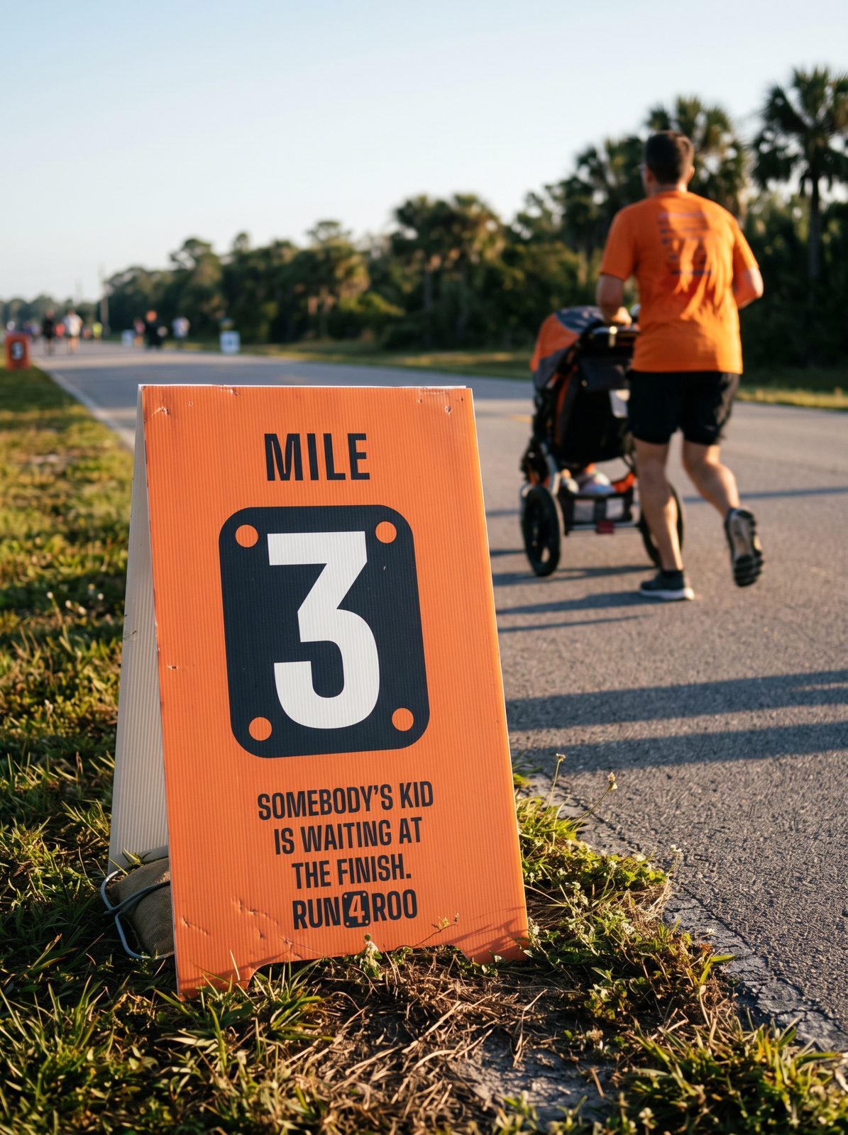 Mile 3 course sign: 'Somebody's kid is waiting at the finish.'