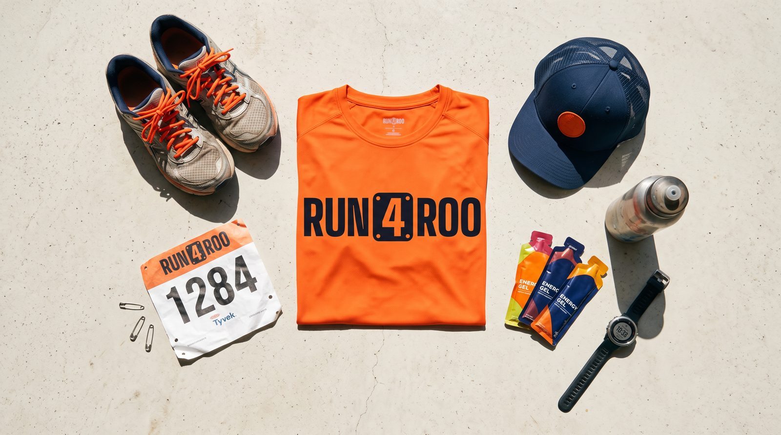 Race-day kit: team shirt, bib, cap and bottle
