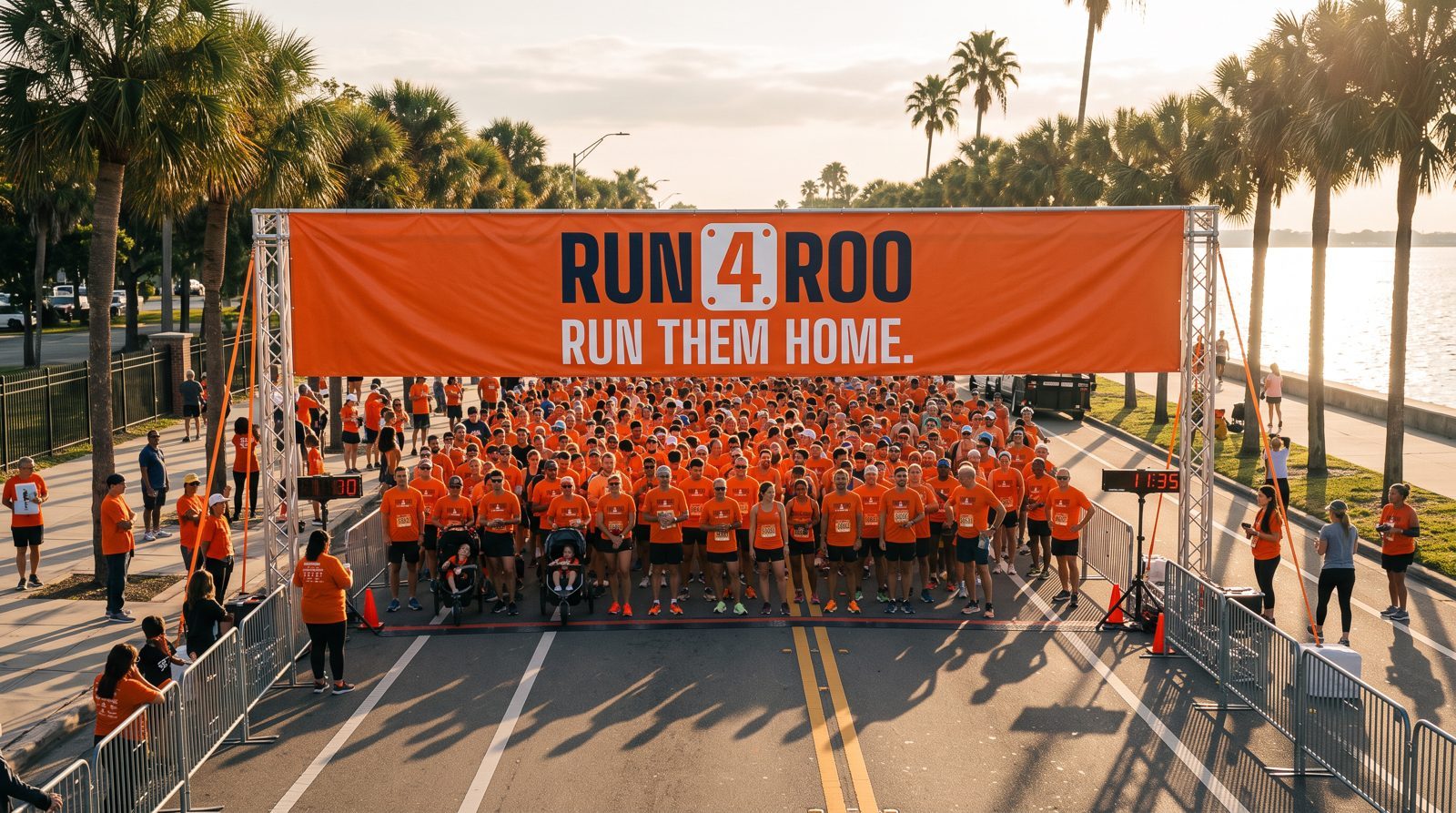 Concept render of a Run4Roo 'Run them home' start-line banner over a crowd of runners in orange shirts