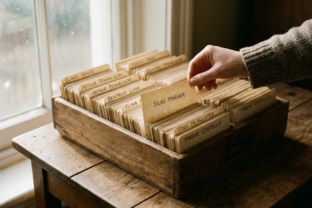 A crate of handwritten name cards