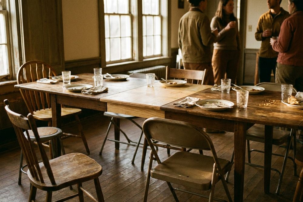 A long table extended with one more chair