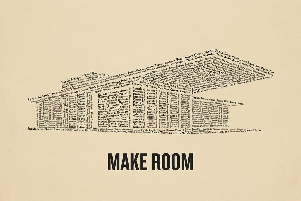 The building elevation drawn entirely from handwritten names