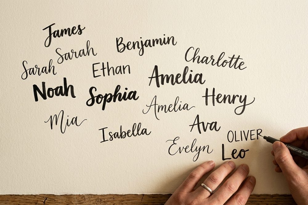A hand writing first names on a sheet of paper