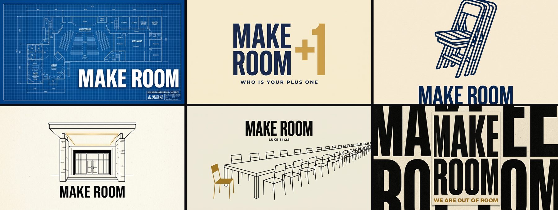 Six of the first-round concept frames: blueprint poster, plus-one, folding chair icon, portico line drawing, long table, type poster