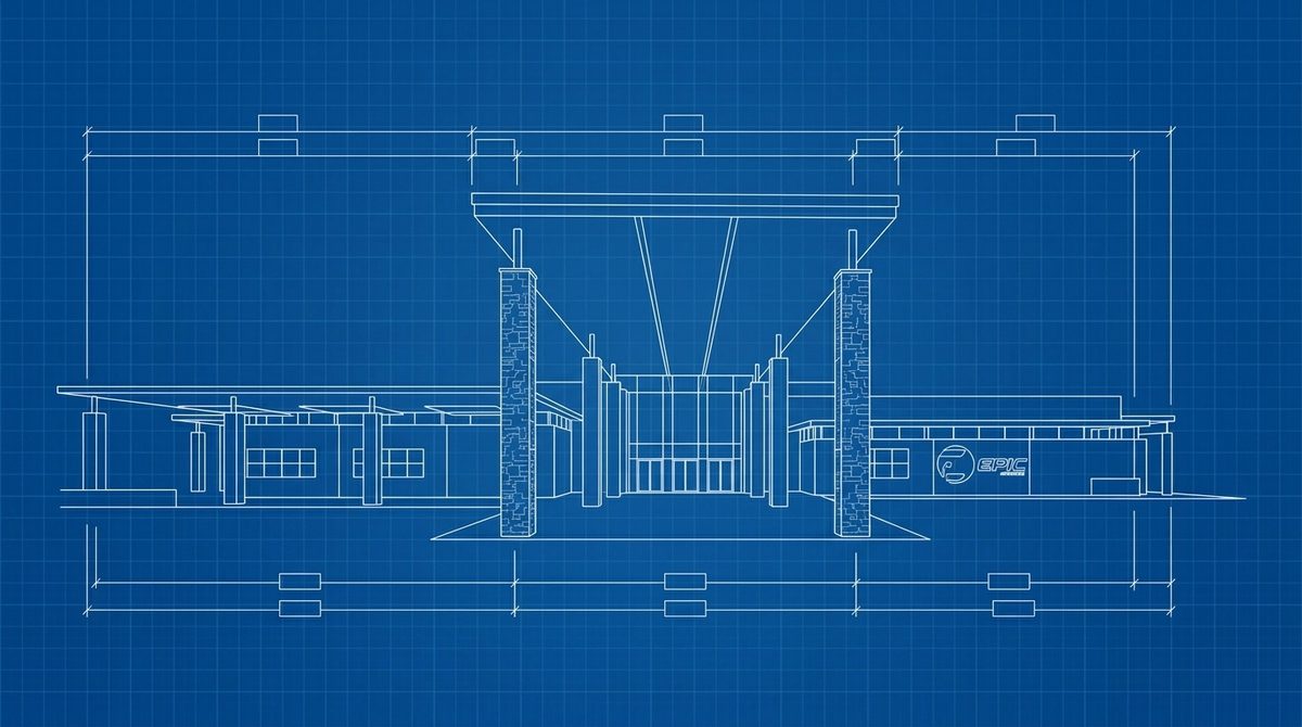 Phase 01 front elevation drawn as a blueprint