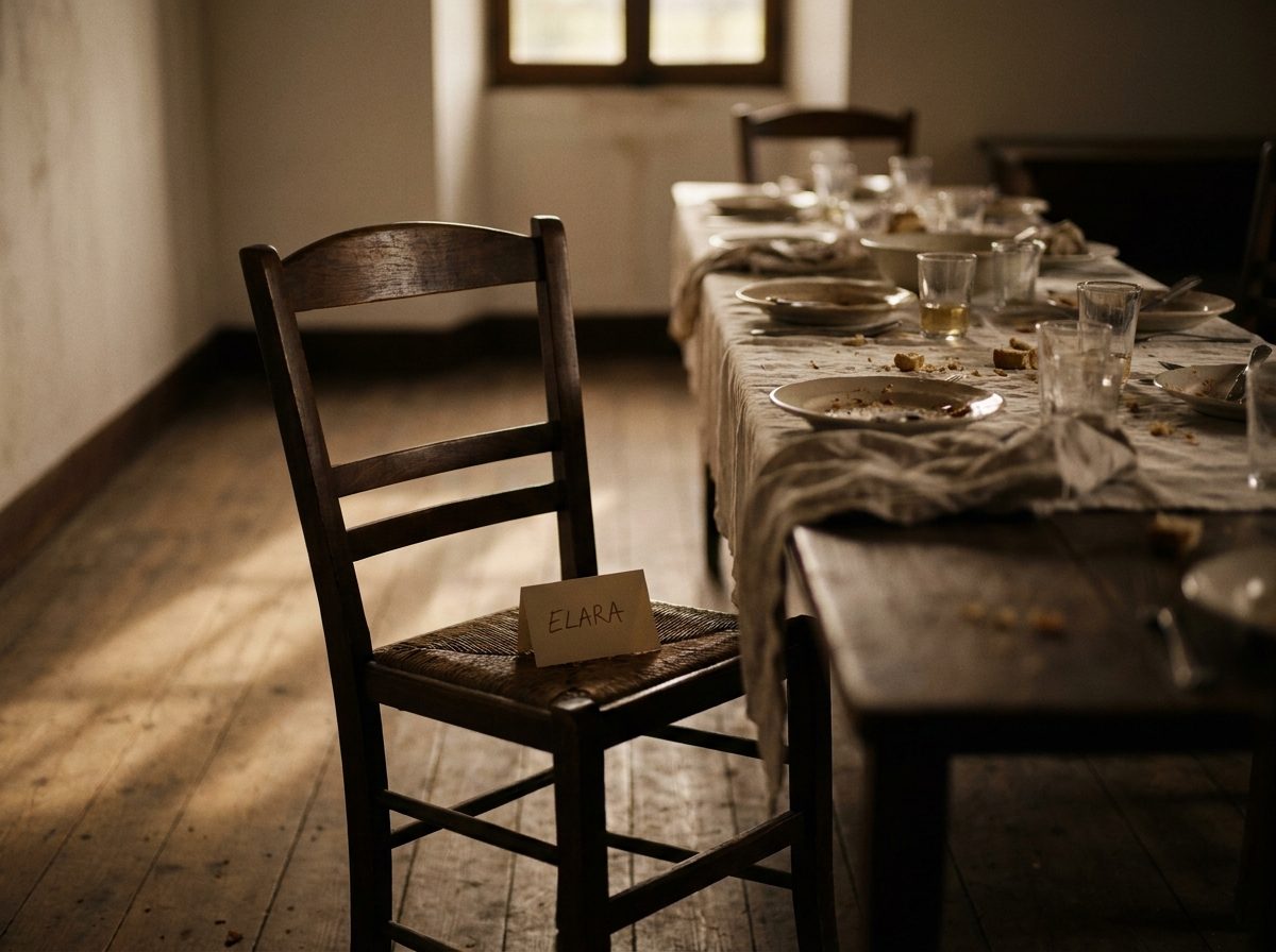 One wooden chair with a name card at a long table