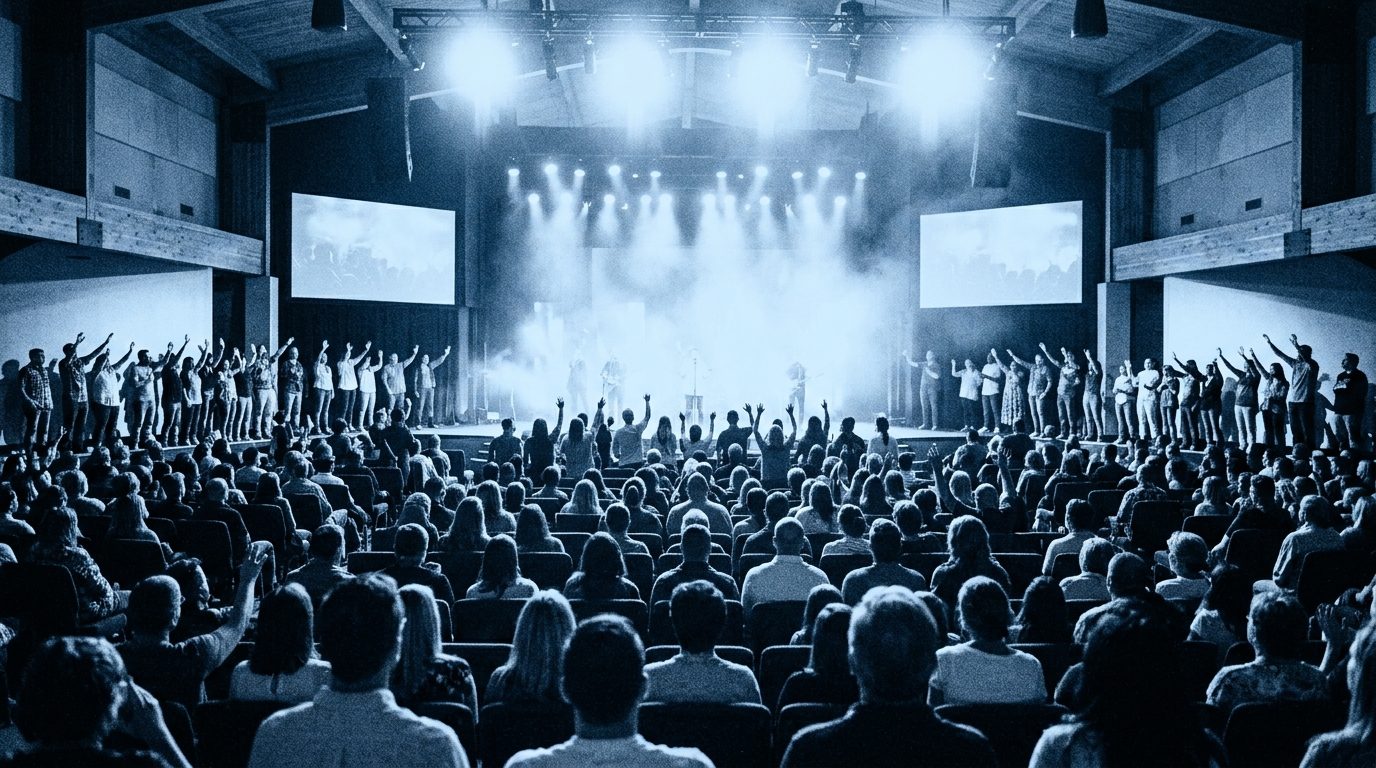 Packed auditorium in blue duotone