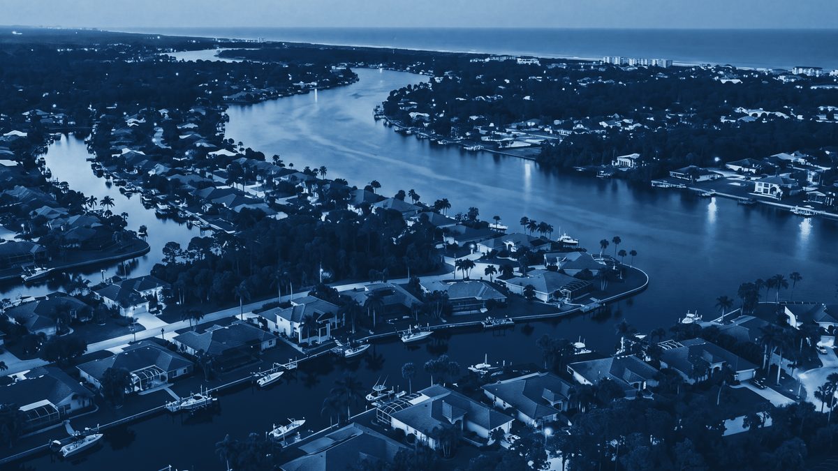Palm Coast aerial, blueprint duotone