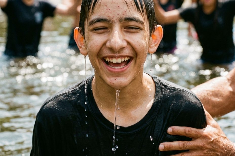 Teen coming out of the water, full colour