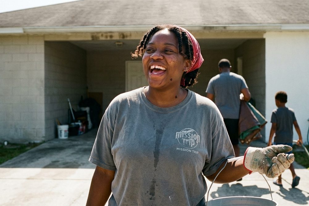 Woman laughing at a driveway service day, full colour