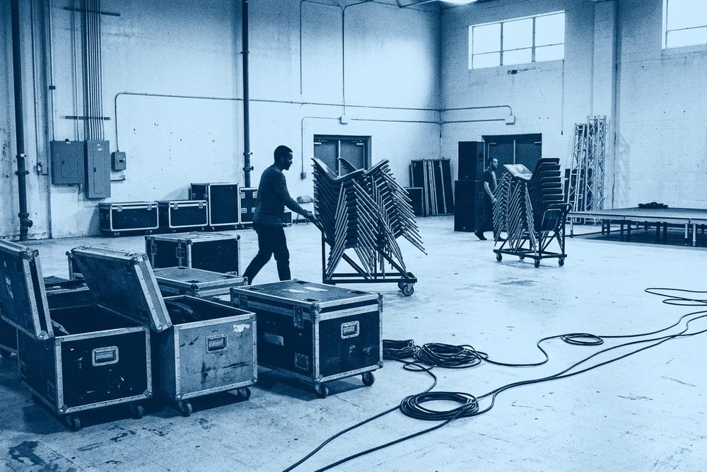 Road cases at load-out, blue duotone