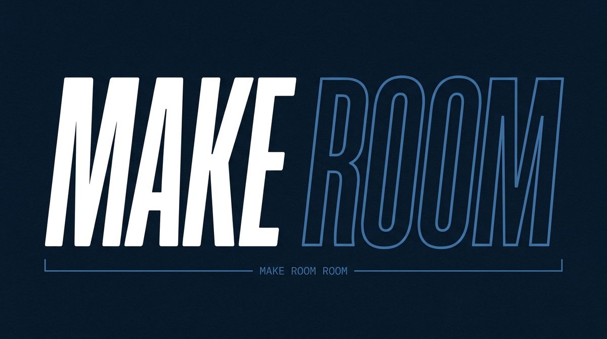 Generated lettering study: MAKE solid, ROOM outlined, on Blueprint Navy