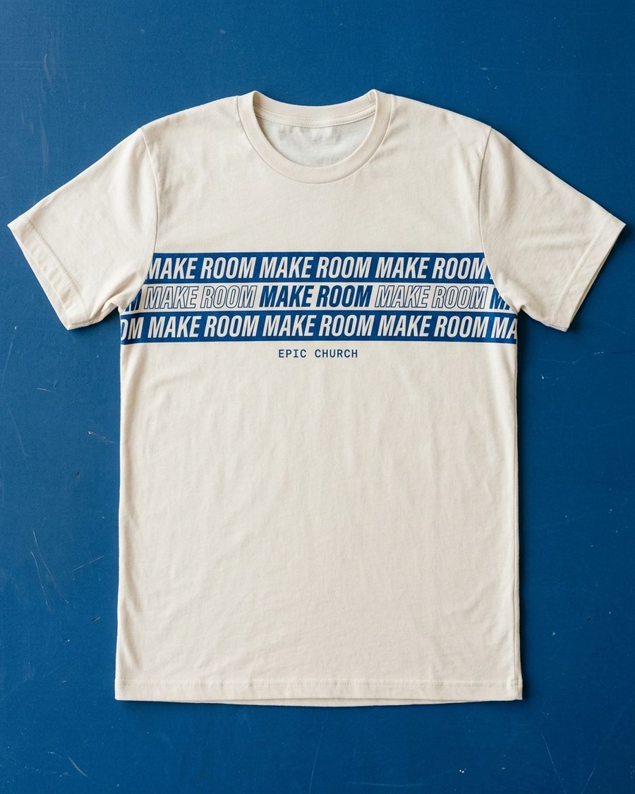 Bone tee with the single-line MAKE ROOM yoke band