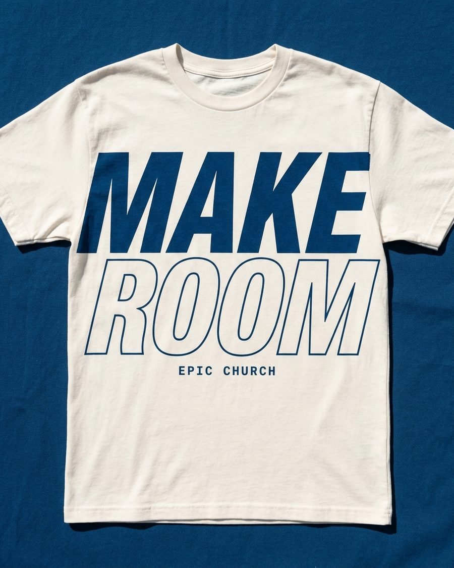 Cream tee with the stacked MAKE ROOM lockup