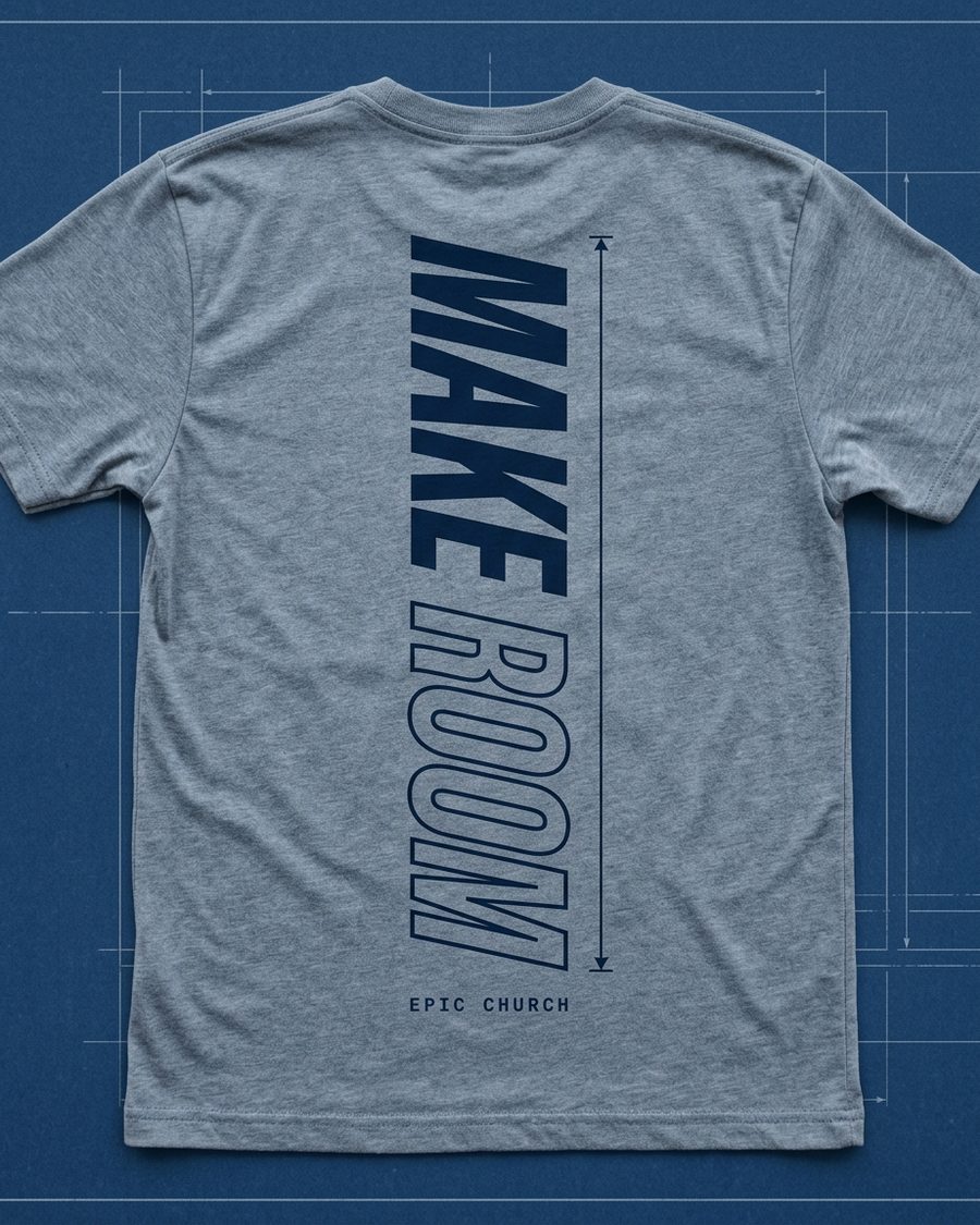 Heather tee with MAKE ROOM running down the spine between dimension ticks
